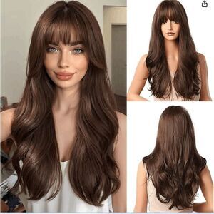 Brown Wigs 24" Long Synthetic Wig with High Density Natural Headline Heat Perman